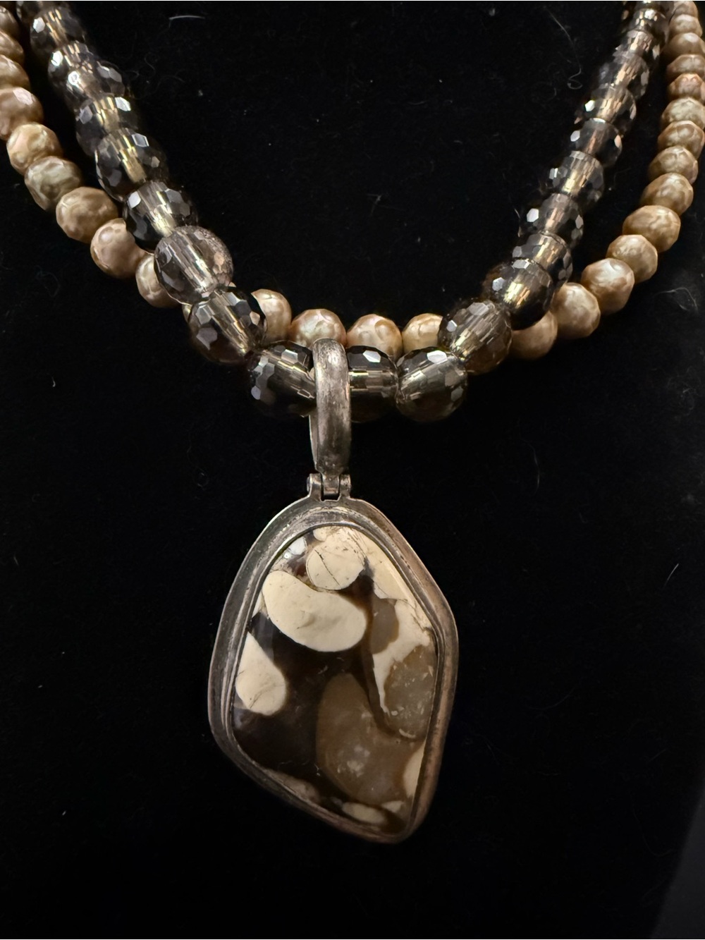 Neutral marbled Jasper Stone Pendant Necklace with Mixed Beads - 925 sterling
